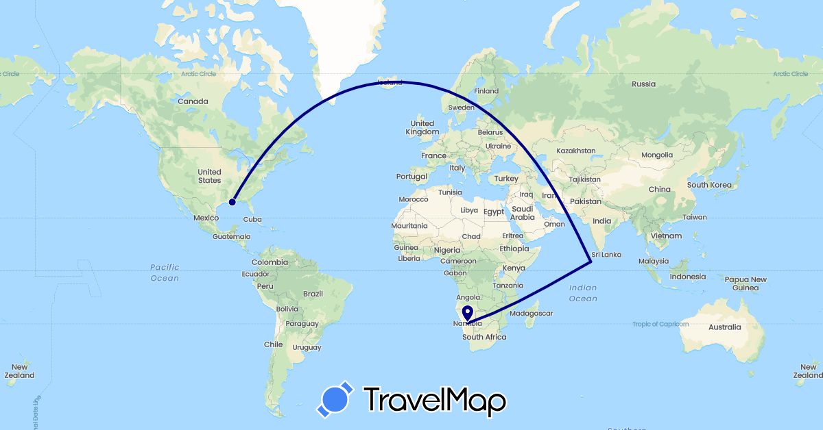 TravelMap itinerary: driving in Iceland, Maldives, Namibia, United States (Africa, Asia, Europe, North America)